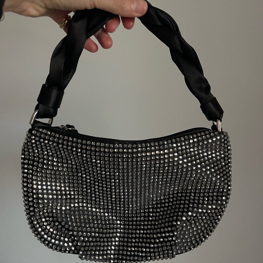 Zara Black Rhinestone-Studded Braided Handle Wristlet